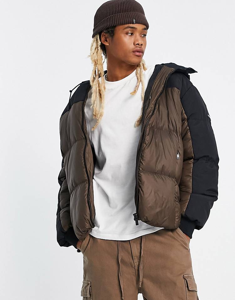 Good For Nothing trek oversized hooded puffer jacket in brown and black color blocking